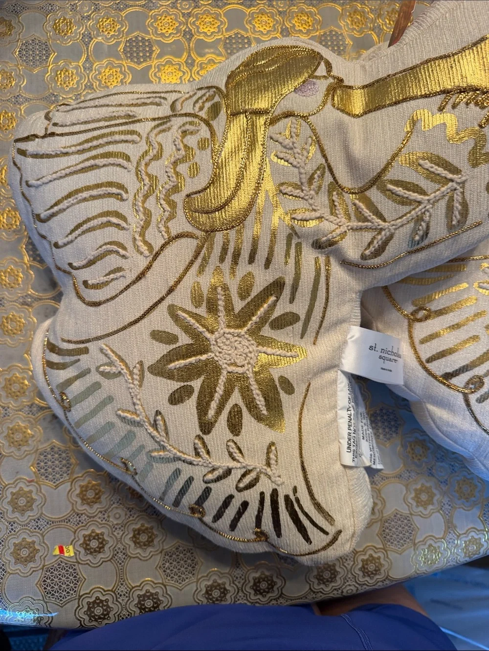 St. Nicholas Square Cream and Gold Embroidered Decorative Pillow